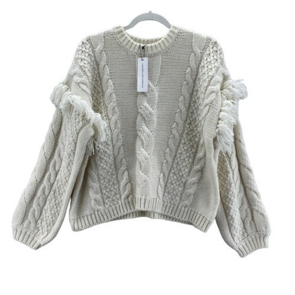 Cupcakes and Cashmere Boho Cozy Sweater Large Cream Cable Knit Fringe Wool Blend - Picture 2 of 10